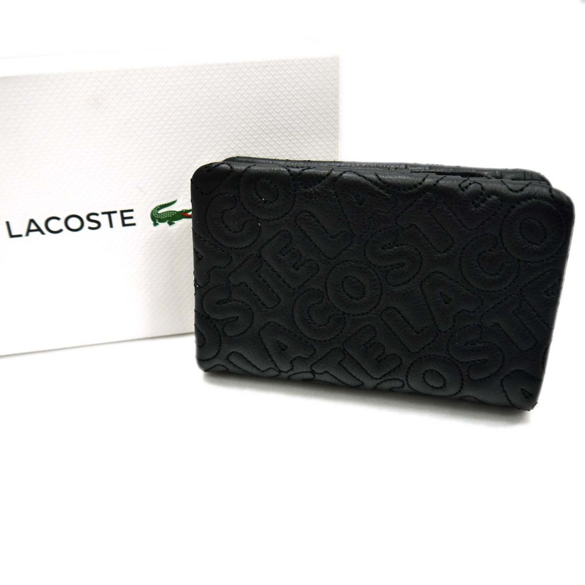 美品 定価26,400円◆LACOSTE ラコステ コンパクトウォレット 二つ折り財布 ロゴ刺繍 レザー 本革 箱付き レディース