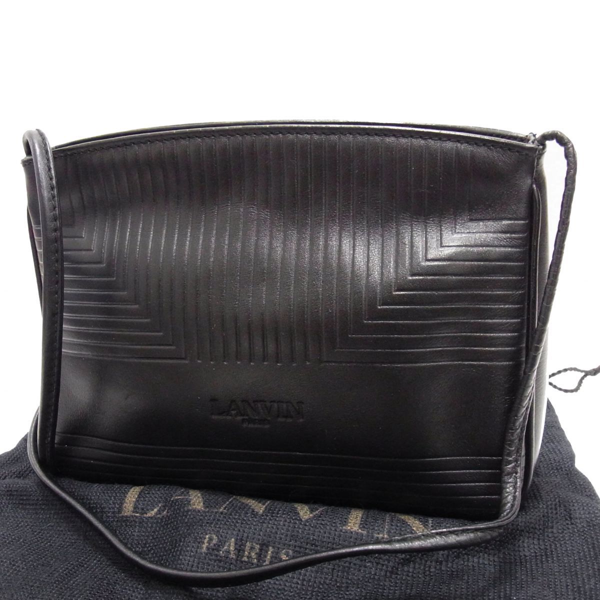 ☆LANVIN PARIS ランバン ヴィンテージ レザー ミニ ショルダーバッグ イタリア製 ブラック 型押し 斜めがけ ポシェット 本革