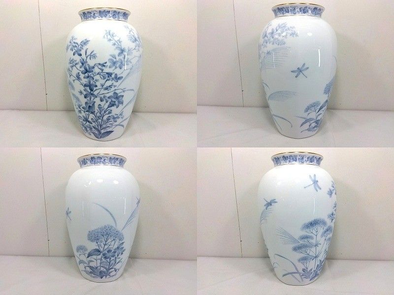 26g-540k【】大倉陶園 呉須秋草蜻蛉 花瓶 花器 フラワーベース 28cm