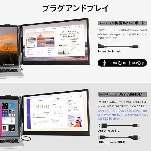 【新品】デュアルモニター 14インチ モバイルモニター 持ち運 IPSパネル ポータブルデュアルディスプレイ FHD 1080P ノートパソコンモニタ拡張2画面 び軽量、に適用ノートパソコン13-17インチ USB-C/HDMIポート付き、対 d7bdf58d