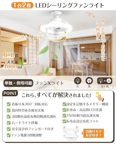 【新品】TENKOO&YOU シーリングファンライト LED 36W 4000lm 【小型・首振り機能】6畳~8畳 天井扇風機 E26口金 ファン付き照明 サーキュレーター 壁スイッチメモリー機能 DCモーター 無段階調光調色 正逆回転 省エ 8c932325