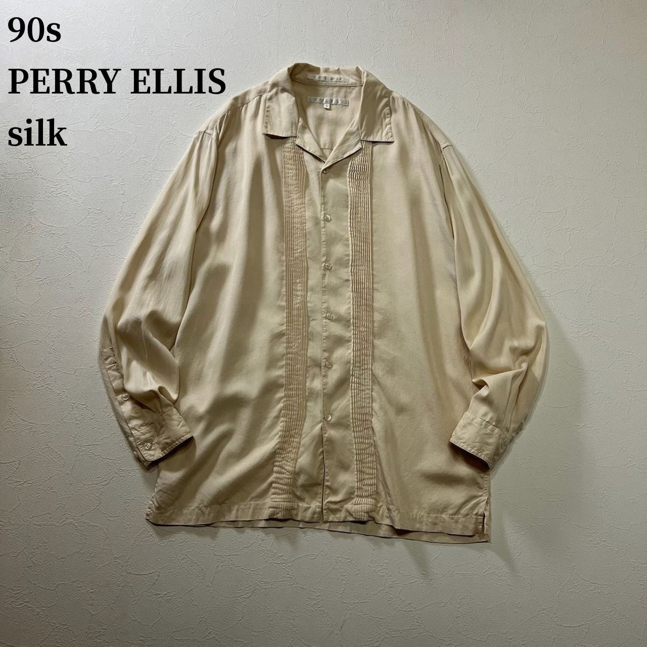 90s PERRY ELLIS　シルク　開襟　オープンカラー　長袖シャツ　ペリーエリス　ライトベージュ　M 古着