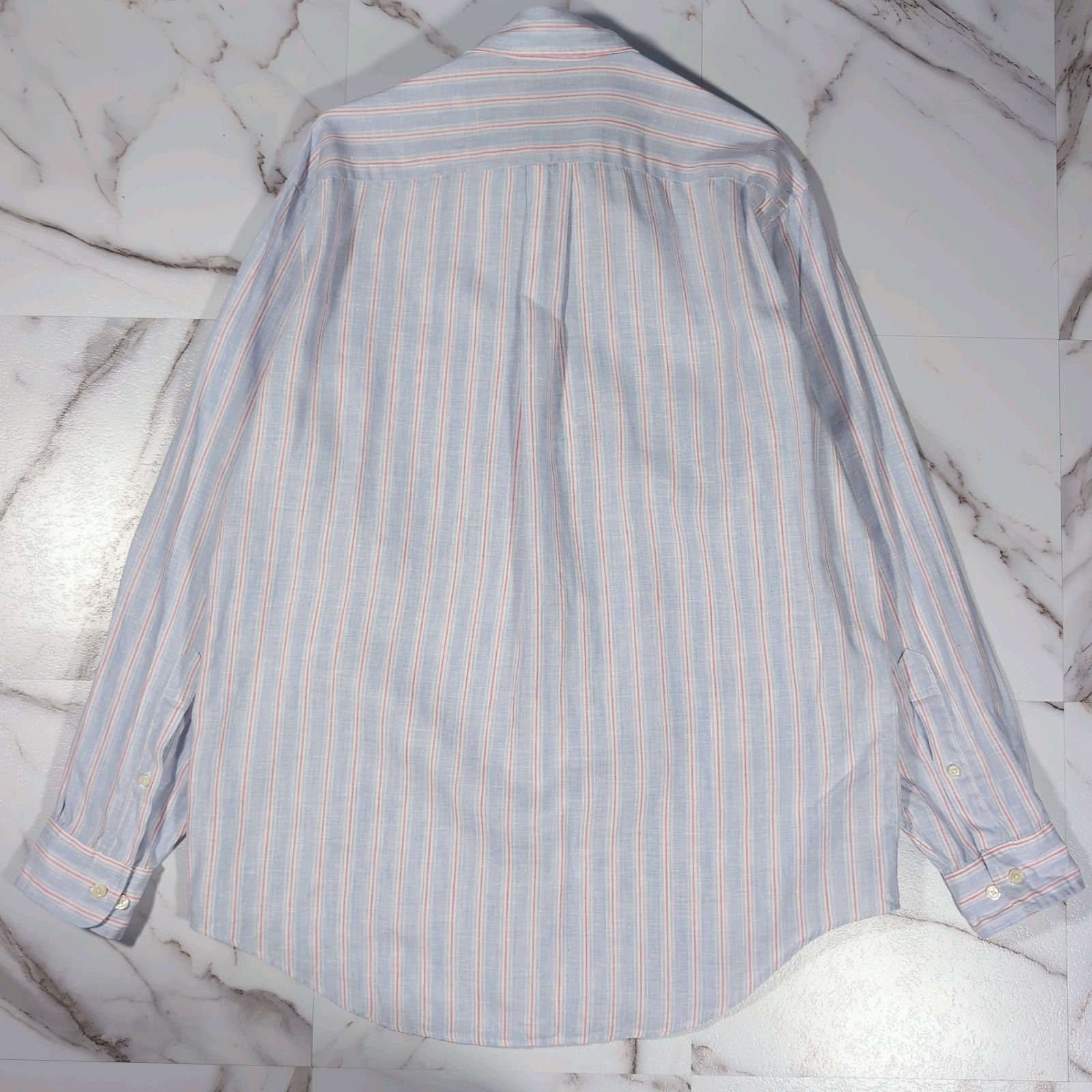 BrooksBrothers IRISH LINEN 麻100% ボタンダウン L/S BD シャツ ブルー系 ストライプ M