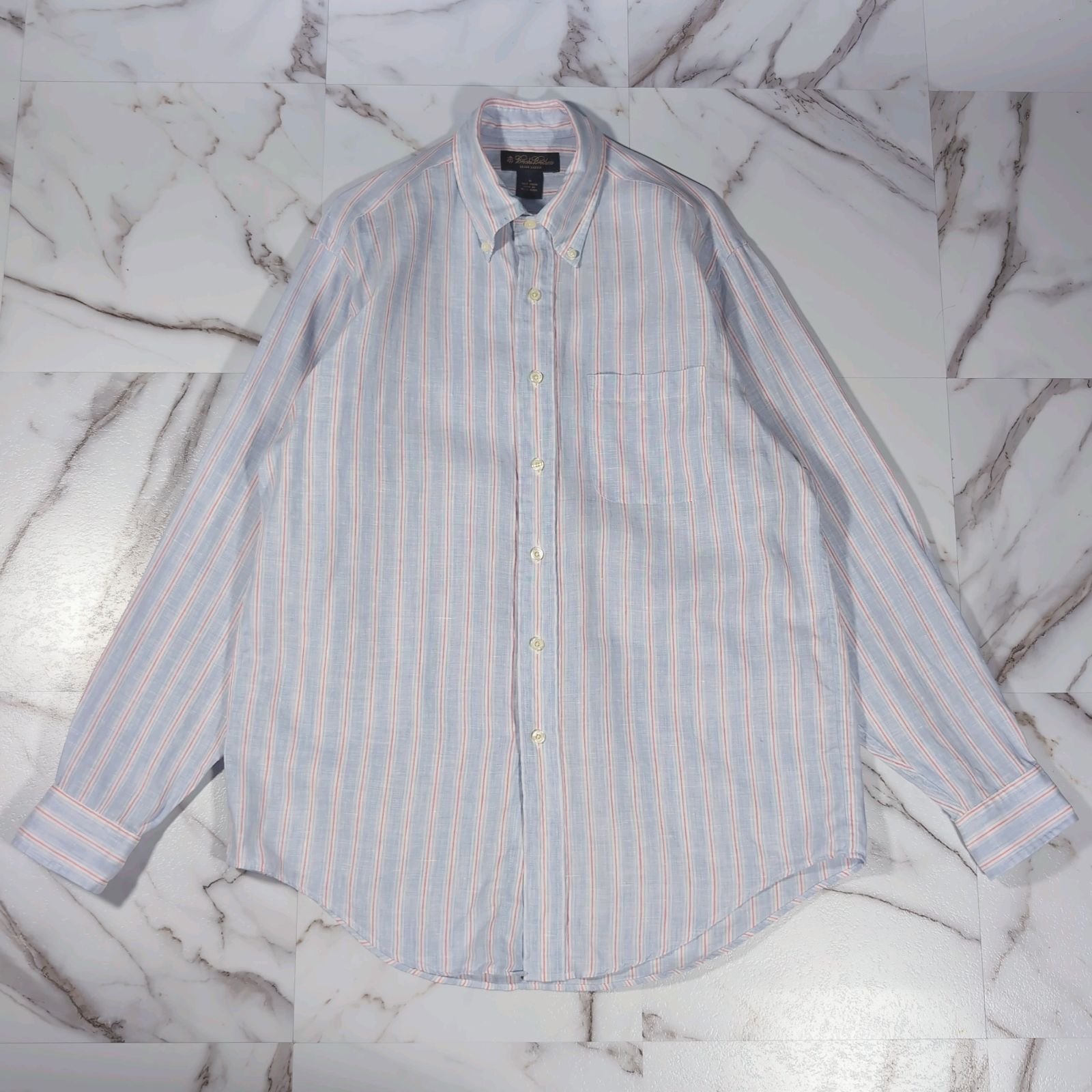 BrooksBrothers IRISH LINEN 麻100% ボタンダウン L/S BD シャツ ブルー系 ストライプ M