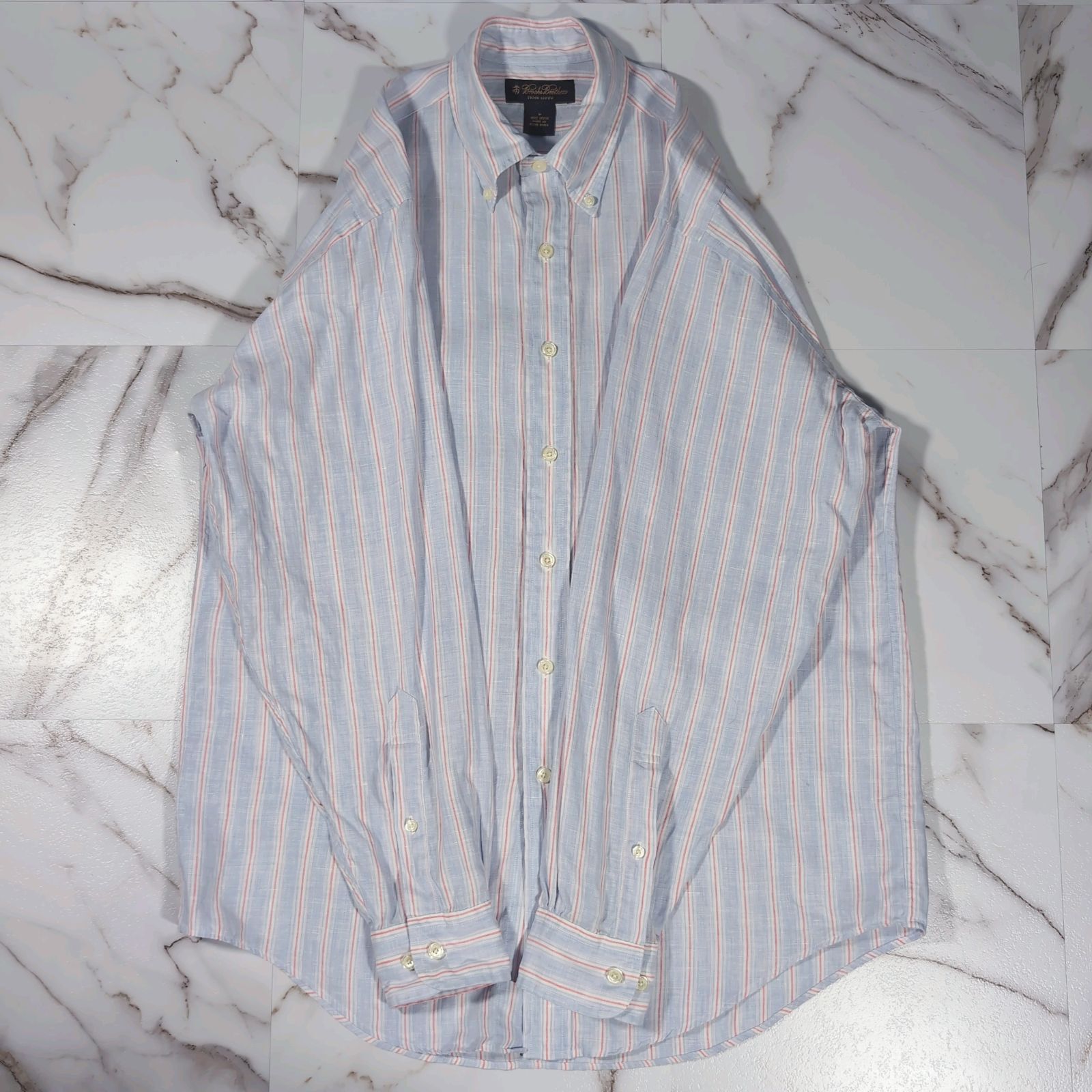 BrooksBrothers IRISH LINEN 麻100% ボタンダウン L/S BD シャツ ブルー系 ストライプ M