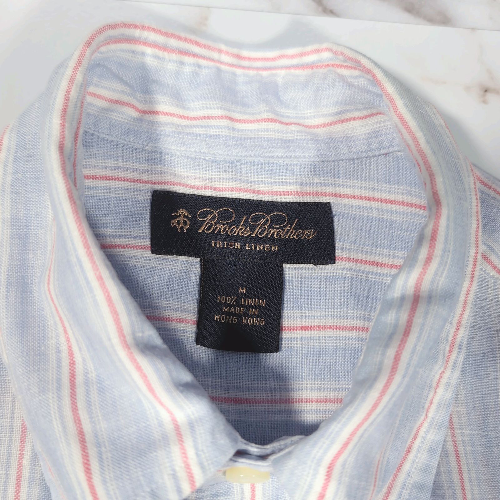 BrooksBrothers IRISH LINEN 麻100% ボタンダウン L/S BD シャツ ブルー系 ストライプ M
