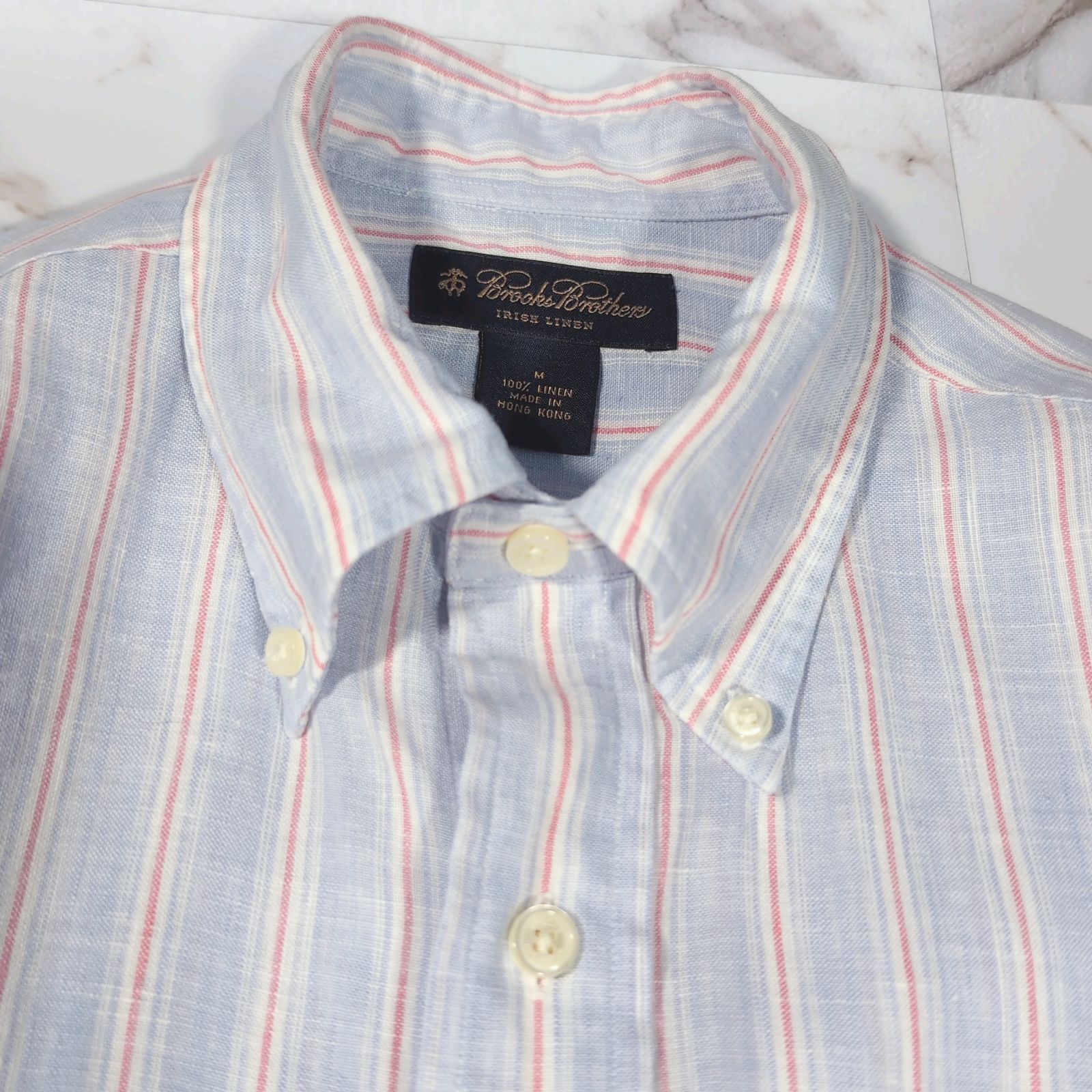 BrooksBrothers IRISH LINEN 麻100% ボタンダウン L/S BD シャツ ブルー系 ストライプ M