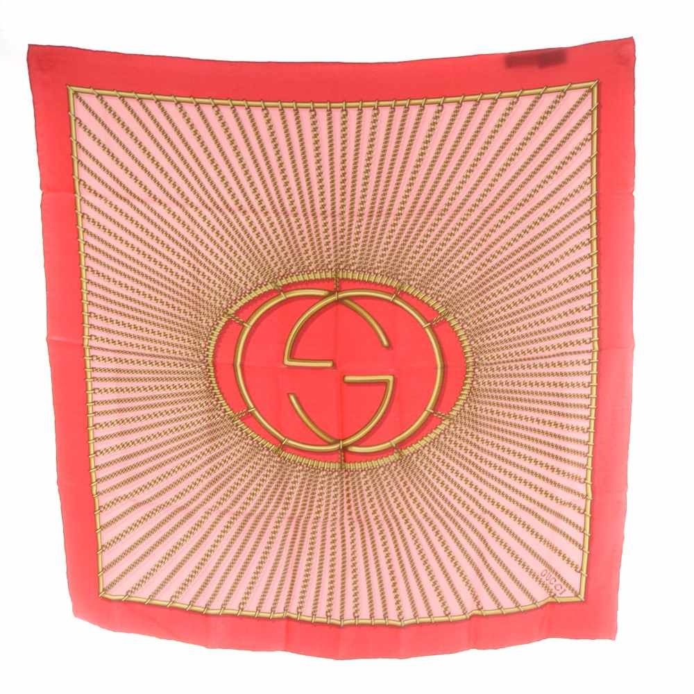 グッチ GUCCI スカーフ チェーン柄 ロゴ シルク 絹 ピンク /AN28 ■OH