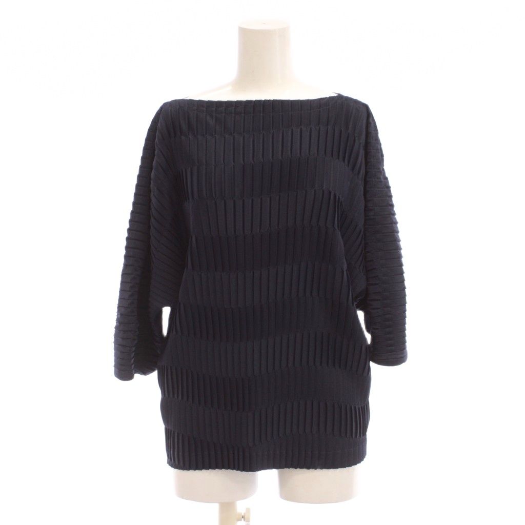 イッセイミヤケ ISSEY MIYAKE カットソー 2 紺 プリーツ加工 ボートネック 七分袖 IM91FJ174 /JP