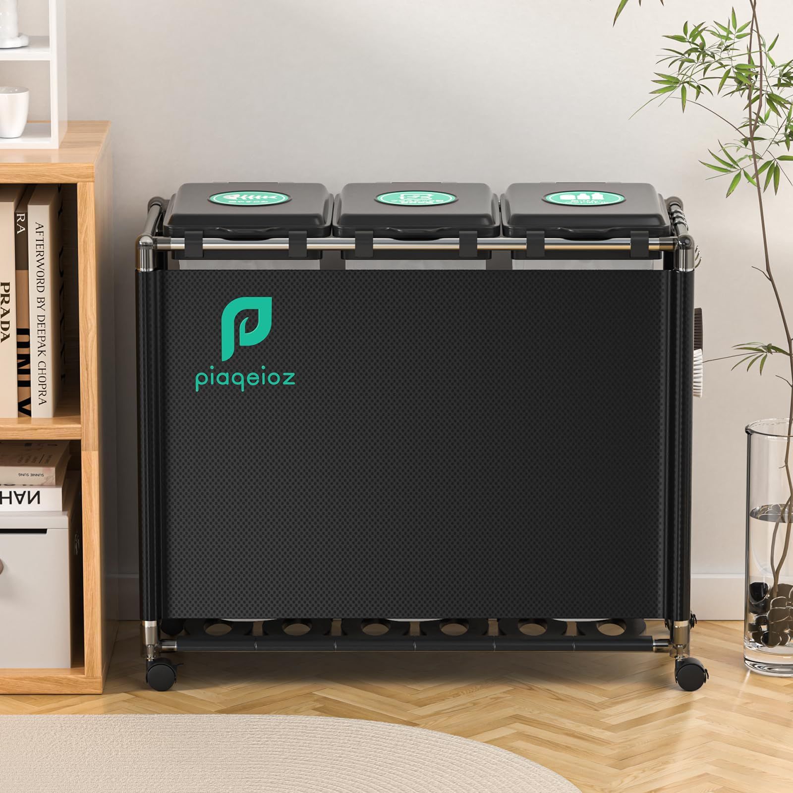 ゴミ袋ホルダー 3分別*30L ゴミ箱 ふた付き レジ袋を隠すゴミ袋スタンド 90L大容量 キャスター付きダストボックス 目隠しダストワゴン ステンレス製 おしゃれ 黒(沖縄・離島の方不可) 775cc30a