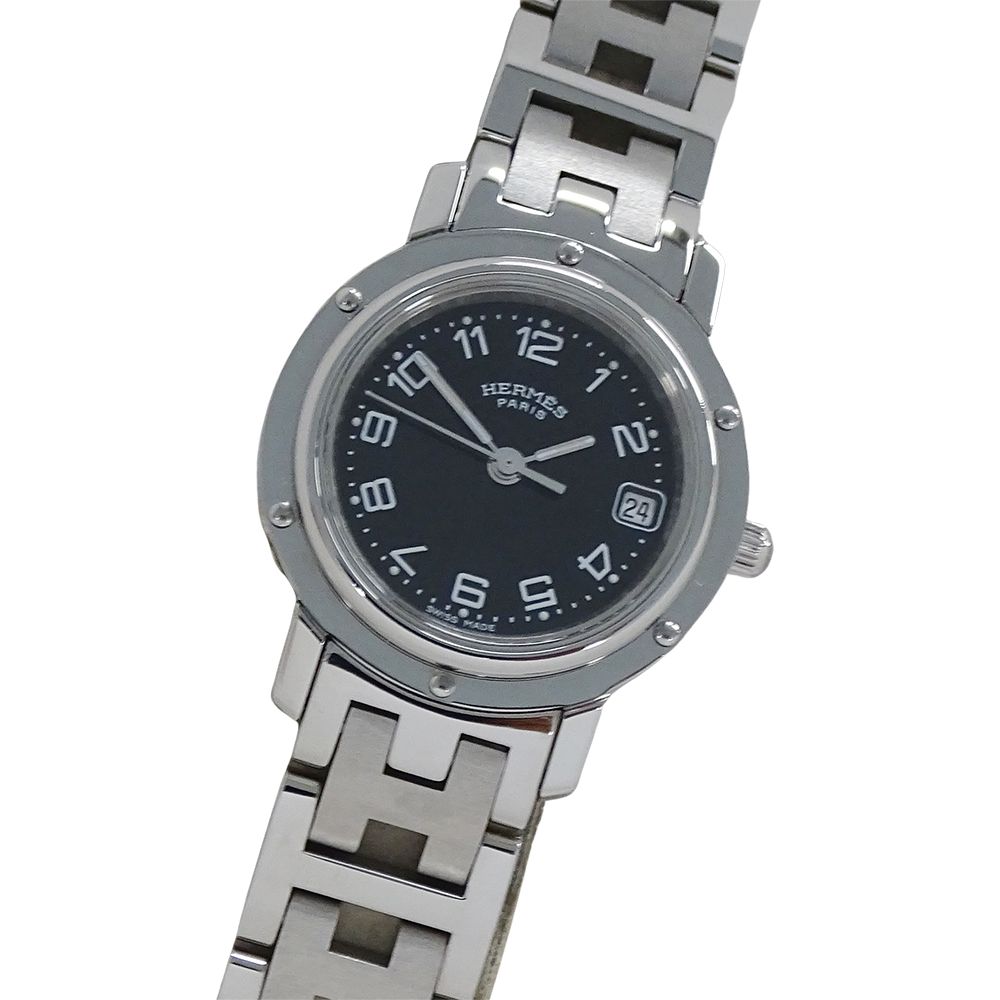 エルメス HERMES 時計 レディース ブランド クリッパー デイト クオーツ QZ ステンレス SS CL4.210 シルバー ブラック 磨き済み 【中古】