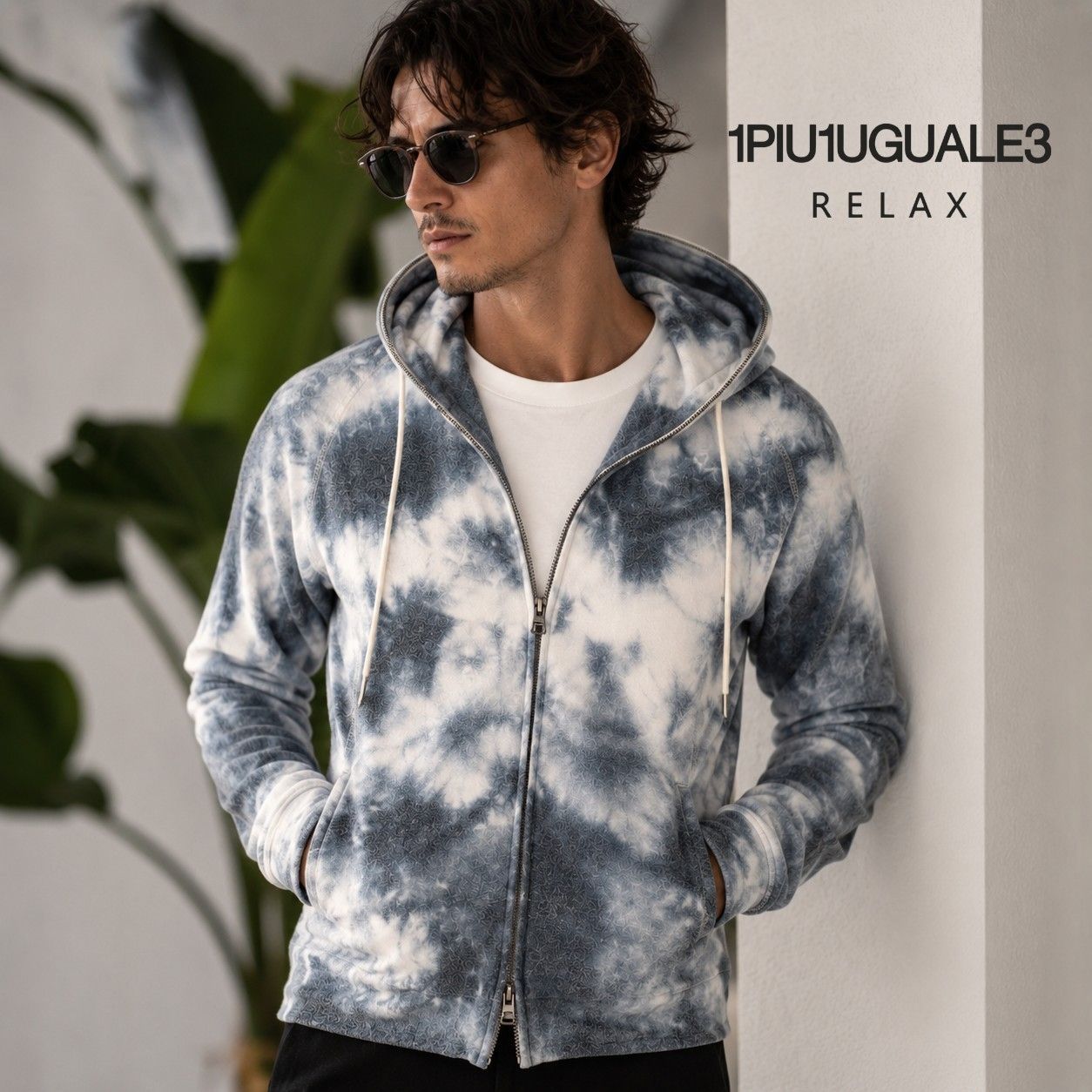 【1PIU1UGUALE3 RELAX】タイダイ柄 フルジップパーカー L/XL ブルー 新品、未使用、現品限り