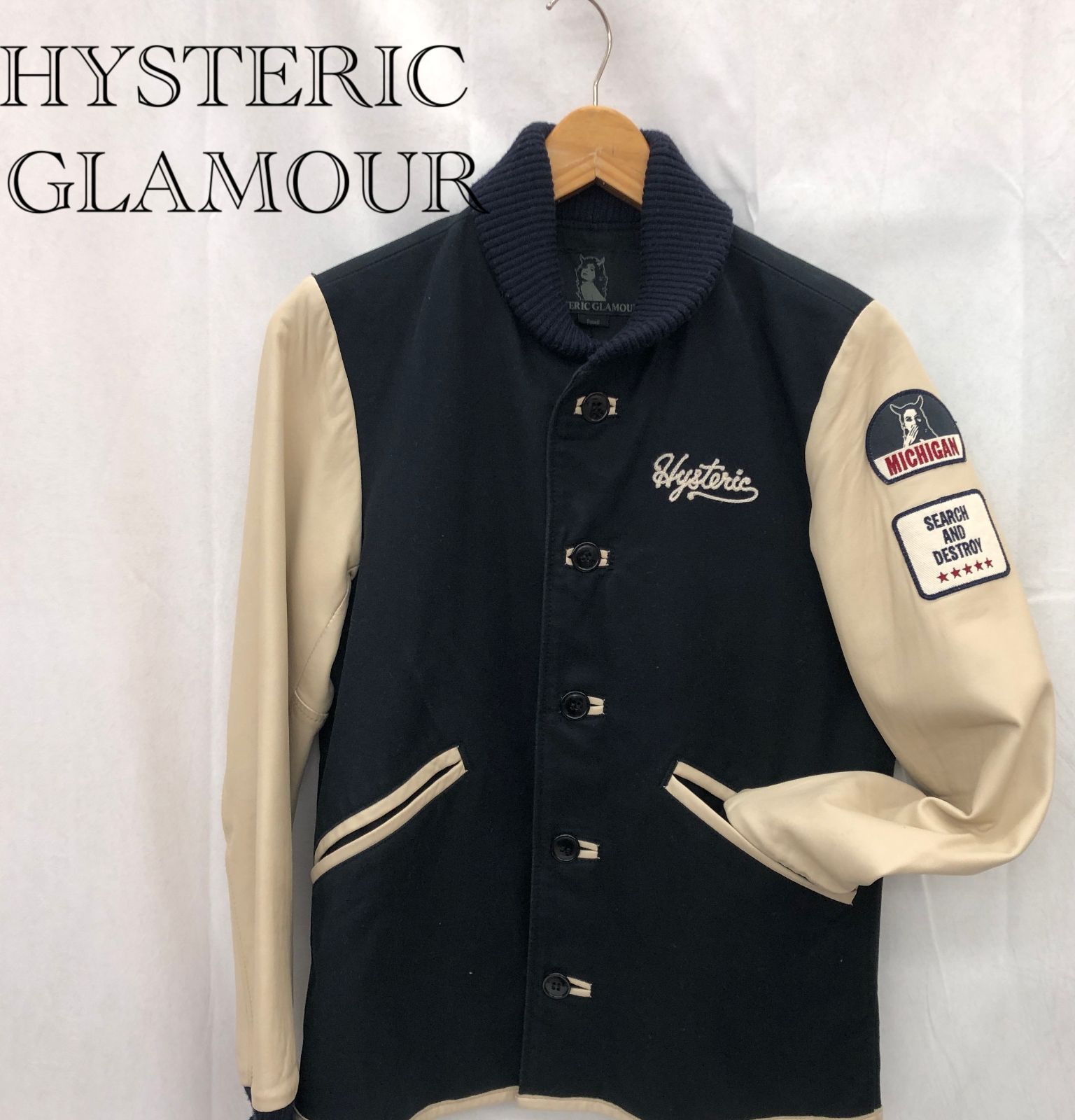 Hysteric Glamour ヒステリックグラマー スタジアムジャンバー S コットン100％ 袖 羊皮 メンズ 0211AB04 26.0㎝ ブラック ホワイト メンズ ファッション