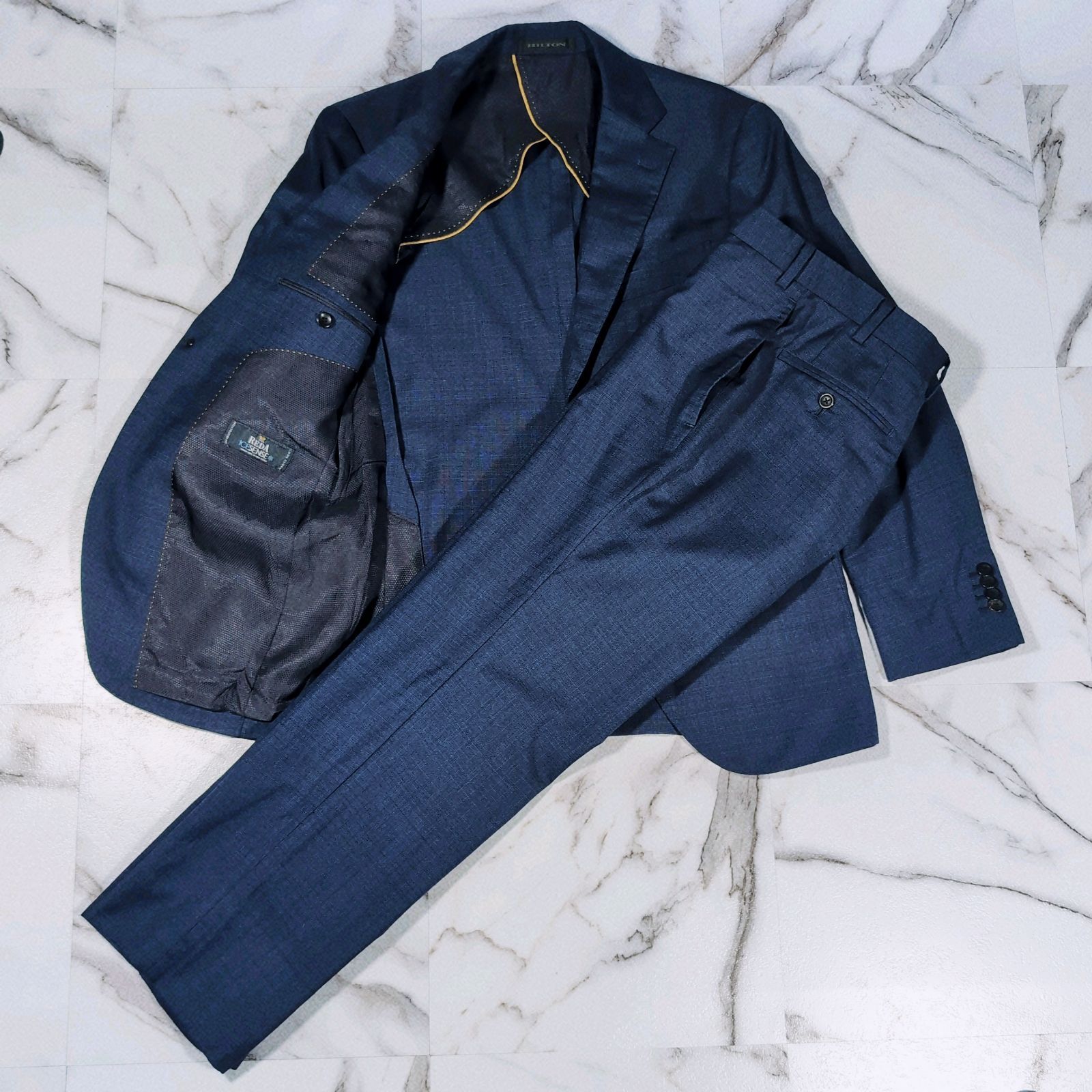 HILTON × REDA ICESENSE UV PROTECTION COOL CLOTH スーツ セットアップ ネイビー A4(S相当) 背抜 背無 2B サイドベンツ
