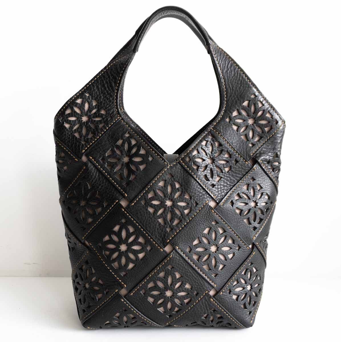 【美品】 GENTEN 【サスティナブルカットワーク トートバッグ（中）】クロ ブラック レザー ゲンテン 26050594