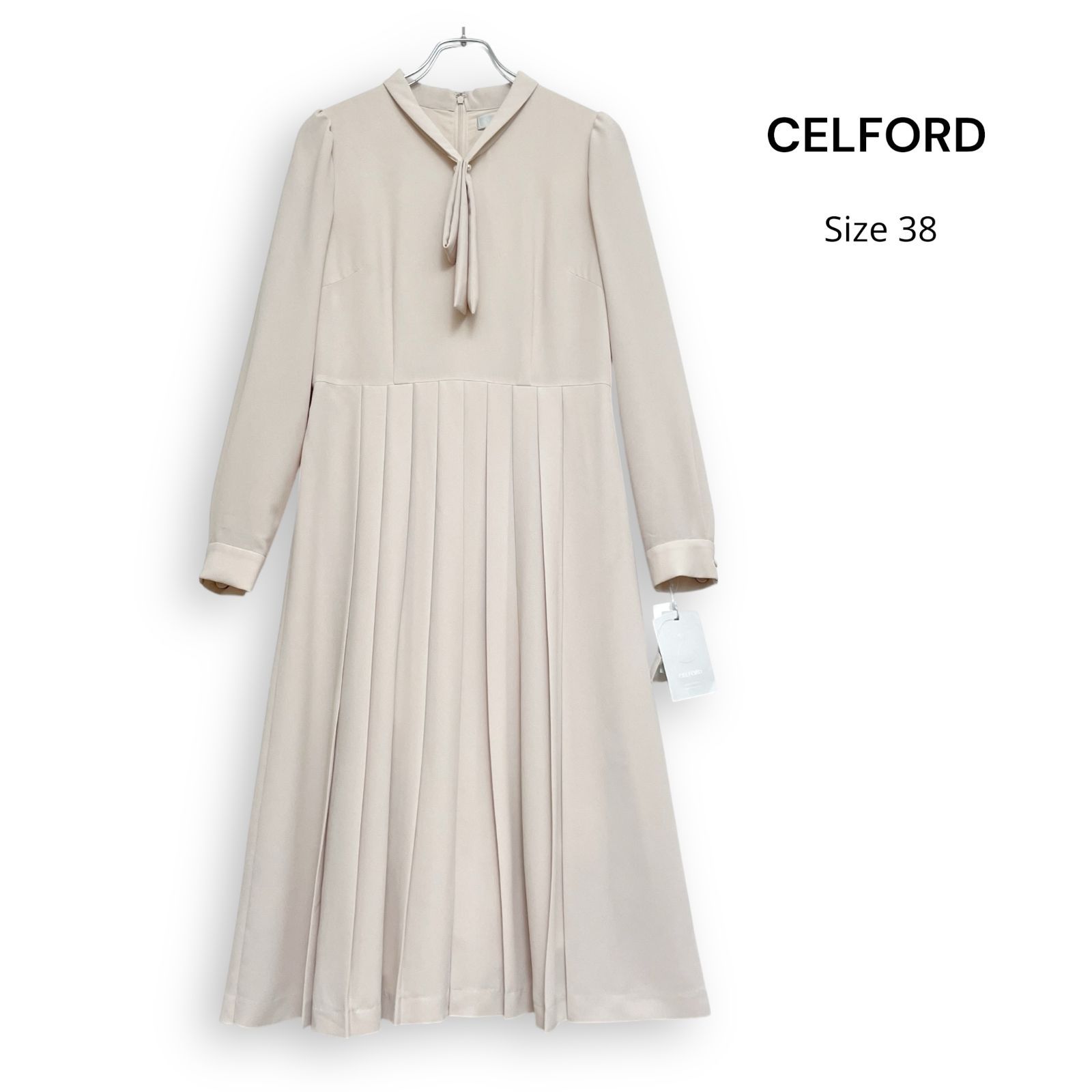新品 CELFORD セルフォード ボウタイ プリーツ ロング ワンピース ベージュ Size38