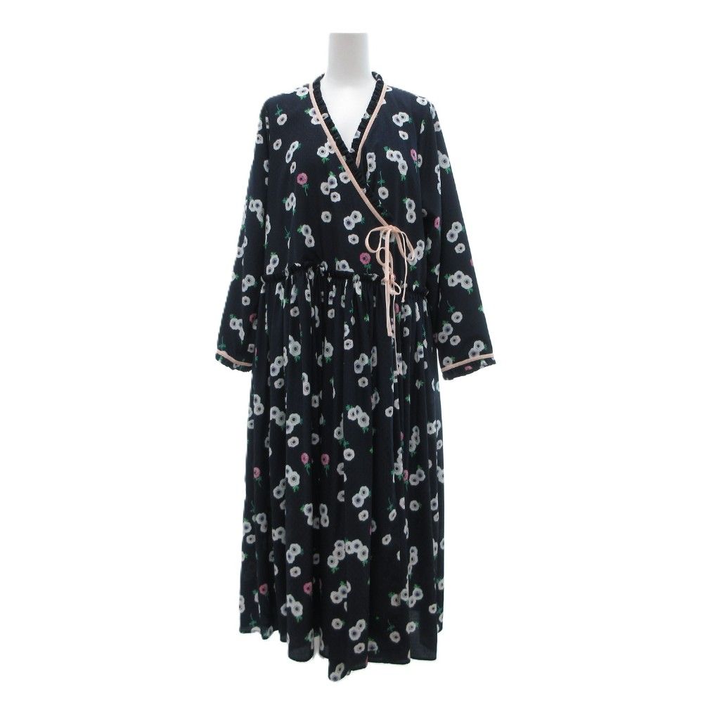 チャノユソワ CHANOYU SOWA ガウンワンピース ロング丈 紺 ネイビー 白 ホワイト 緑 花柄 フリル Vネック /SX ■GY06