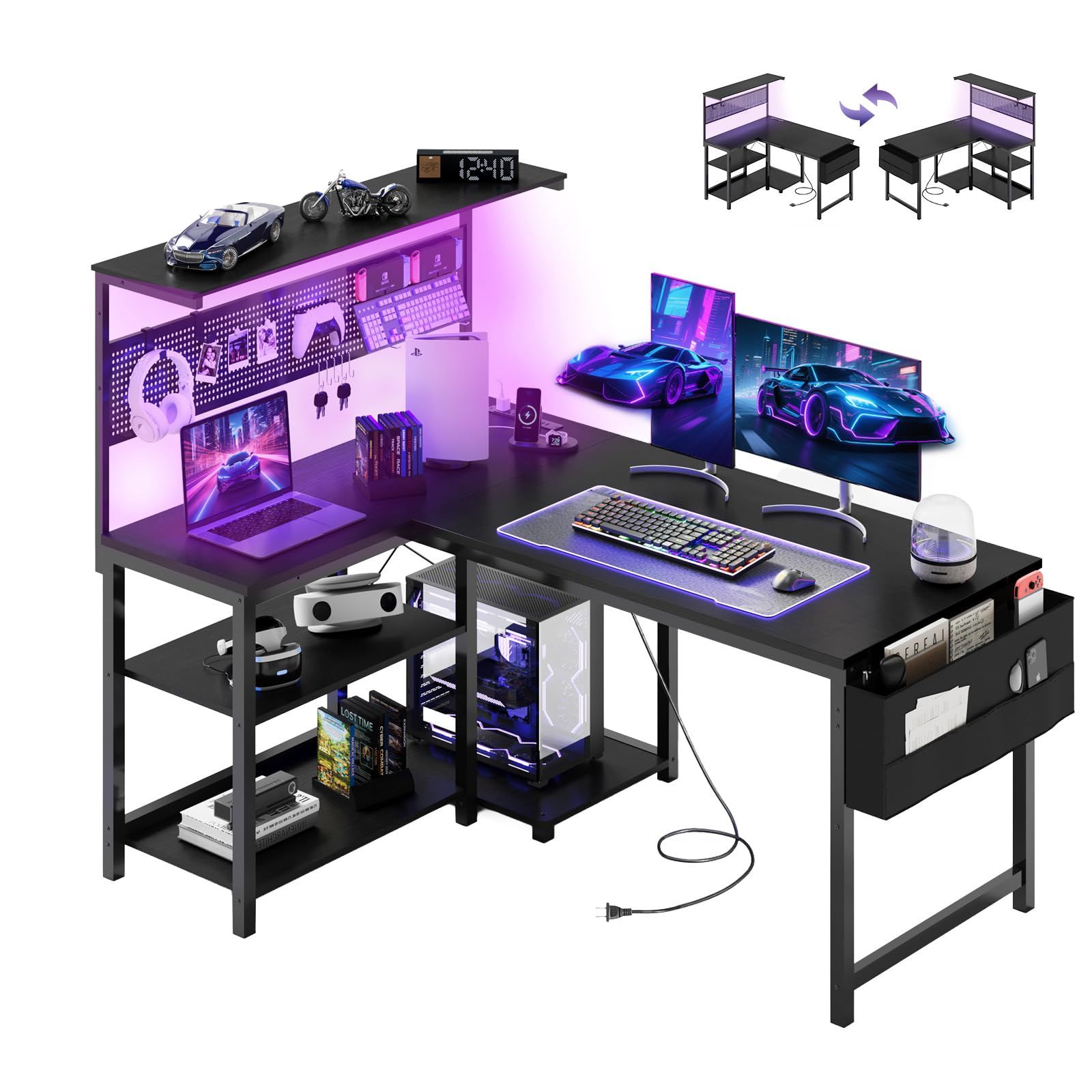 YOUDENOVA ゲーミングデスク L字デスク パソコンデスク 幅120cm ペグボード付き LEDライト 電源コンセント/USBポート付き 左右入れ替え可能 収納ラック/サイドポケット付き PCデスク オフィスデスク ワークデスク 勉強机 e5246396