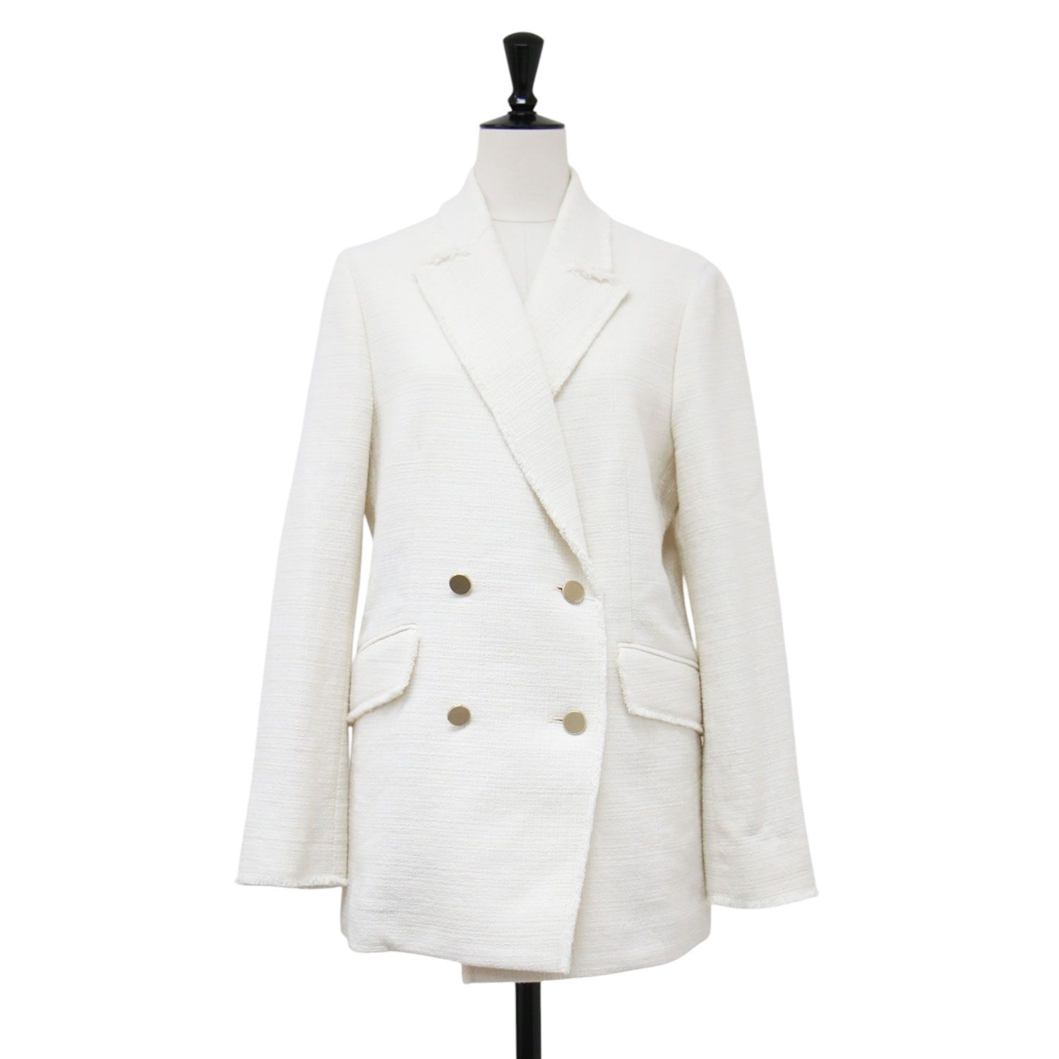 【新品】Ballsey ボールジー ジャケット オフホワイト 白 サイズ:36(9号) | 23春夏 スラブヤーンツイード ダブルブレストジャケット / ミドル丈 羽織り 長袖 ツイード メタルボタン フリンジ コットン | アウター【レディース】