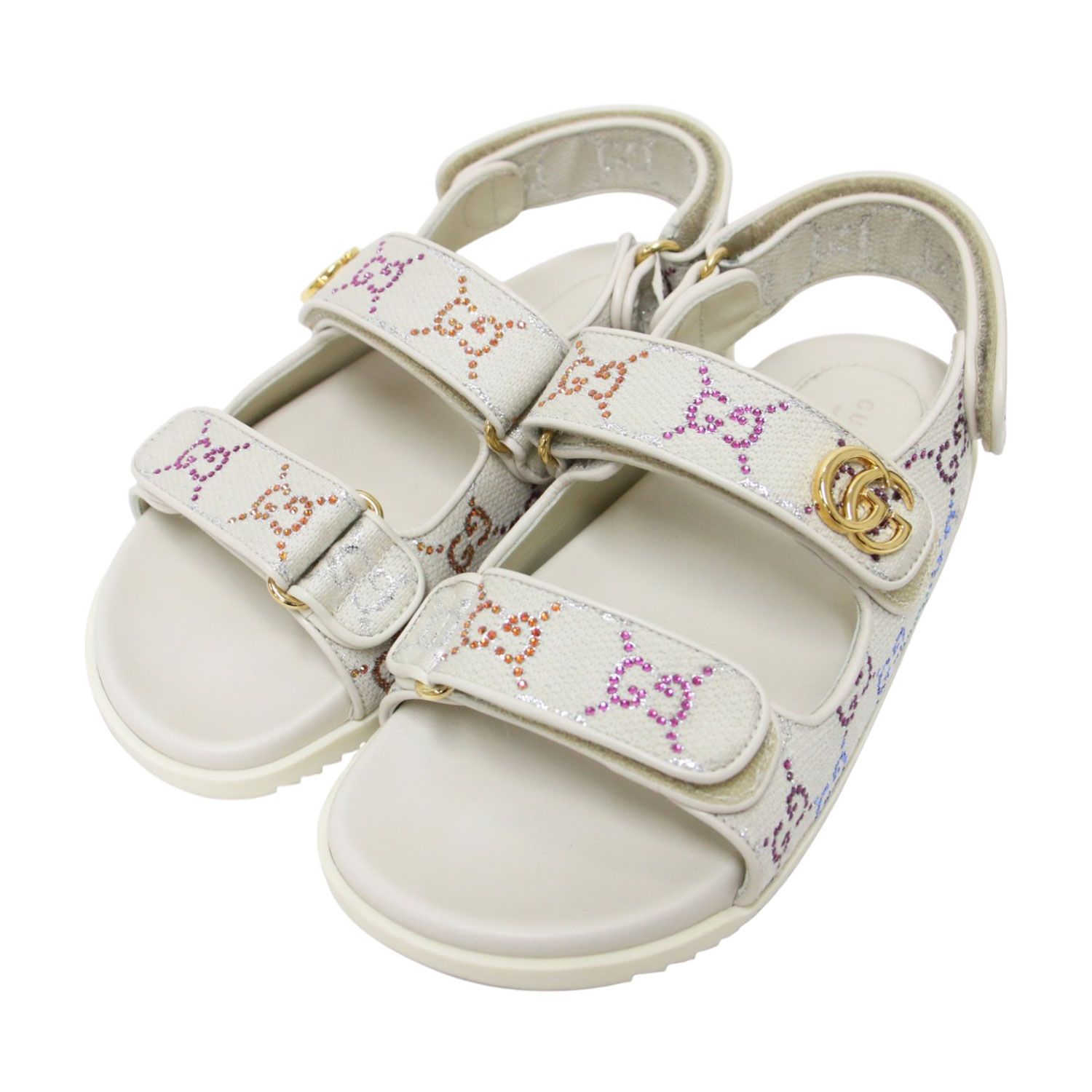 GUCCI グッチ サイズ:37(24.0cm) | 24春夏 ダブルG ロゴ スポーツサンダル / ベルクロサンダル | フラット ラインストーン GG | ライトベージュ系 | イタリア製 ブランド シューズ 靴【レディース】【中古】