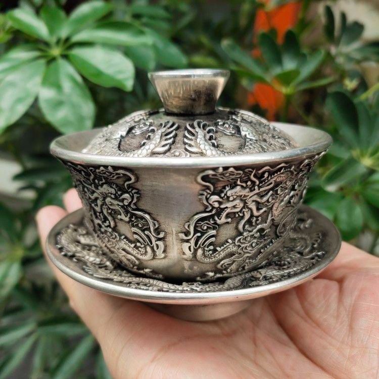 銅 細工 浮彫 り双龍 茶託 茶杯 茶器 茶道 工芸 置物