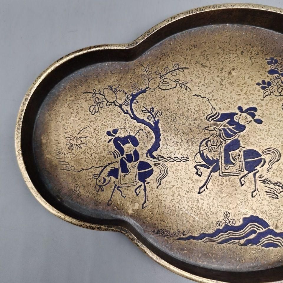 銅 細工 中国茶器 樹紋狩猟図 銅盤 果盤 茶盤銅 茶道具 置物 美術品・アンティーク・コレクション 銅 細工 中国茶器 樹紋狩猟図