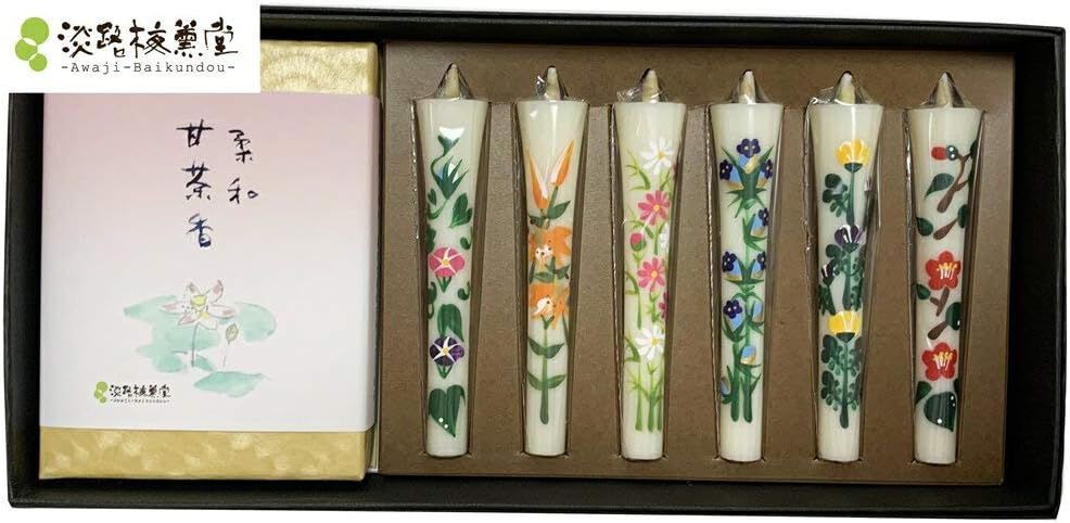 Awaji Baikundoの3号花ろうそくIncense Sticksセット (進物用 ギフト) お供え物 喪中見舞い 柔和甘茶香25ｇと手書き絵ローソク6本
