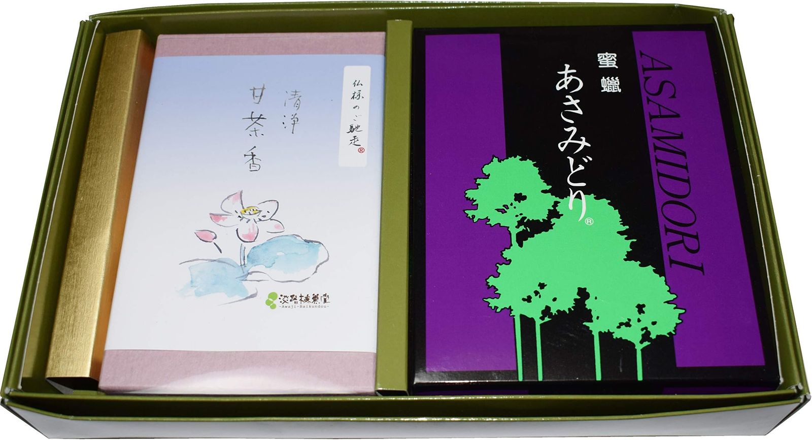 蜜蝋 あさみどり ろうそく Assortment お供え物 蝋燭セット 贈答用 進物用 ギフト 高級品 高級ブランド (清浄甘茶香×１ あさみどり金印×１)