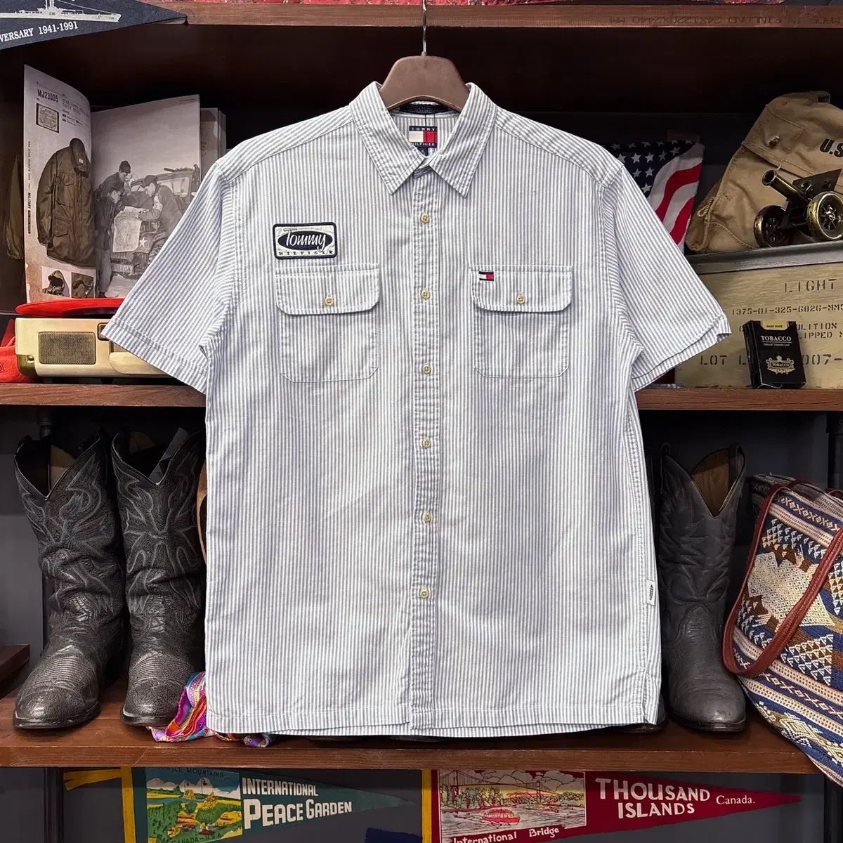 00s Tommy Hilfiger トミーヒルフィガー フラグ ウォークパッチ ストライプ Oxford（オックスフォード) 半袖 シャツ N1391