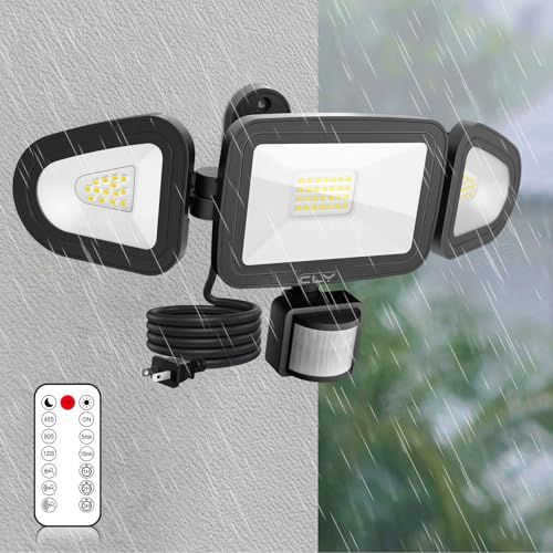 CLY LEDセンサーライト 屋内/屋外使用可 人感センサー LED投光器 42W 昼白色 6500K フラッドライト リモコン操作 自動点灯/消灯 高輝度 4200ルーメン 3灯式 IP66防水仕様 省エネ 明るい 防犯ライト 投光器 ガレ 0c295742