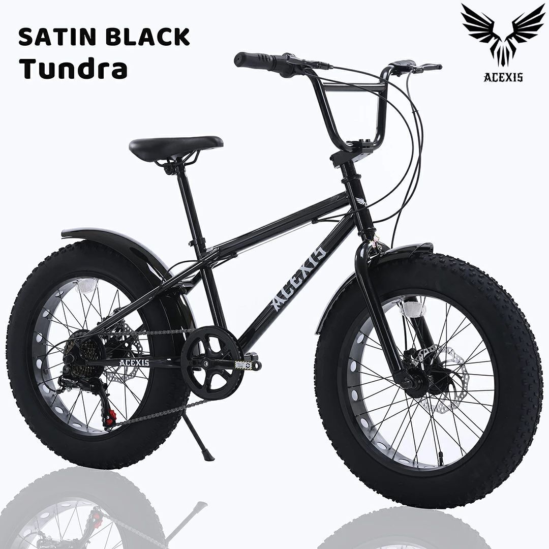 ACEXIS（エースシス） Tundra（タンドラ） サテン ブラック ファットバイク BMX 街乗り 20インチ サイドスタンド ディスクブレーキ装備 ＊自転車用ワイヤーロック 100 cm 2個セ ット付き