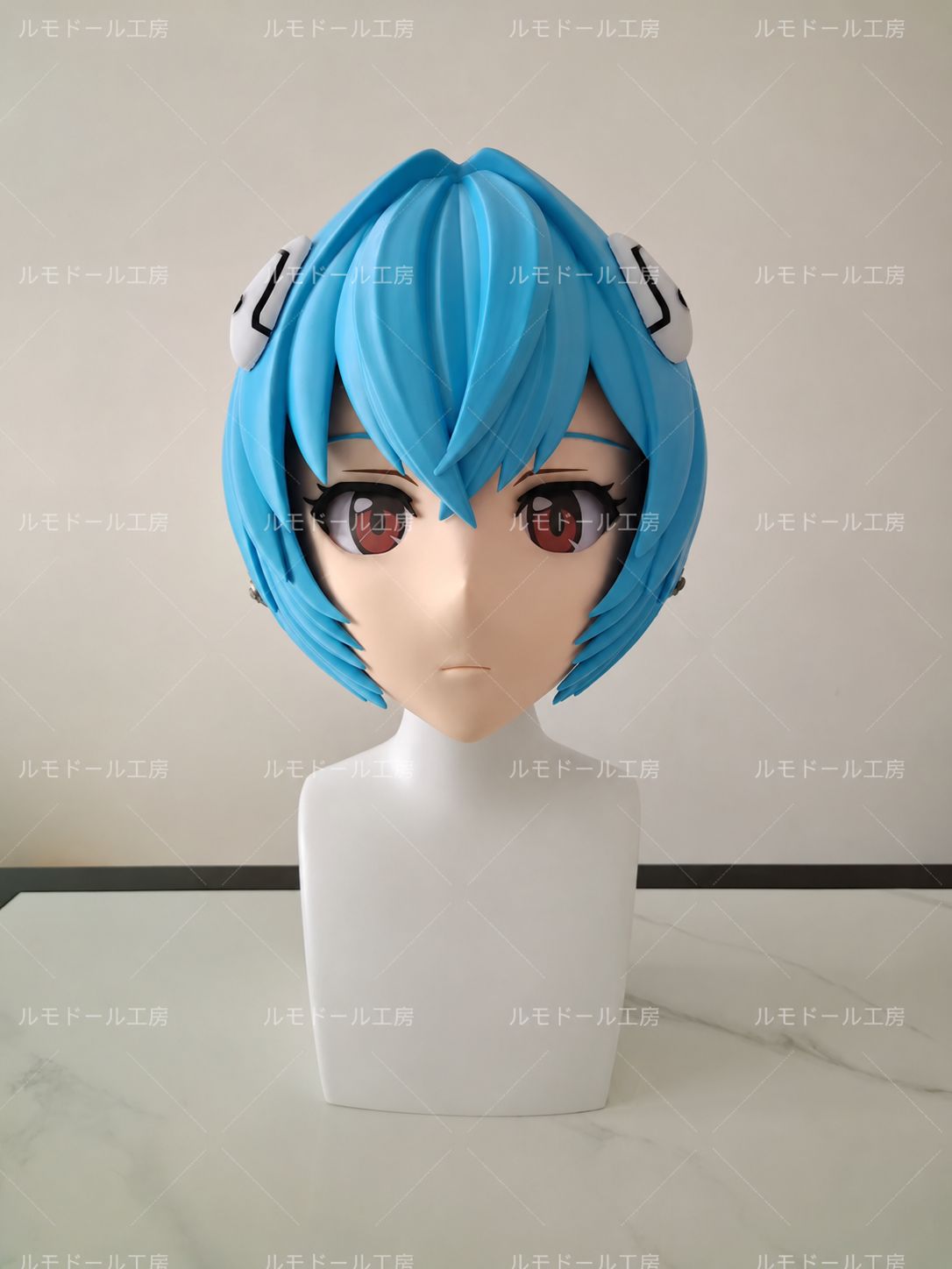 キグルミヘッド 全頭マスク 綾波レイ 風 エヴァンゲリオン 風 ブルーショート レッドアイ アニメ顔 3Dプリント 59cm対応 ヒンジ開閉 即発送可 コスプレ kigurumi 美少女 撮影用