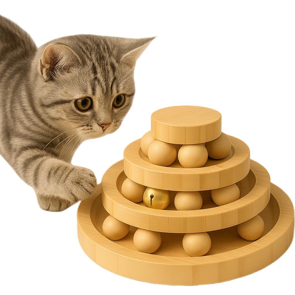 木製 猫用回転ボール タワー 組み立て不要 止まらない回転 猫おもちゃ 遊ぶ盤 ストレス解消 運動不足対策 ナチュラル安全素材 寂しさ解消 (三層, 竹製)送料無料 2f426526