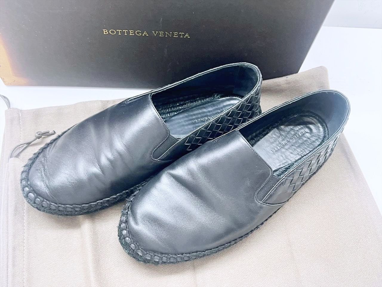 美品　Bottega Veneta　ボッテガヴェネタ　イントレチャート　レザー　エスパドリーユ　スリッポン　ローファー　麻　黒　40　25ｃｍ 24,272円