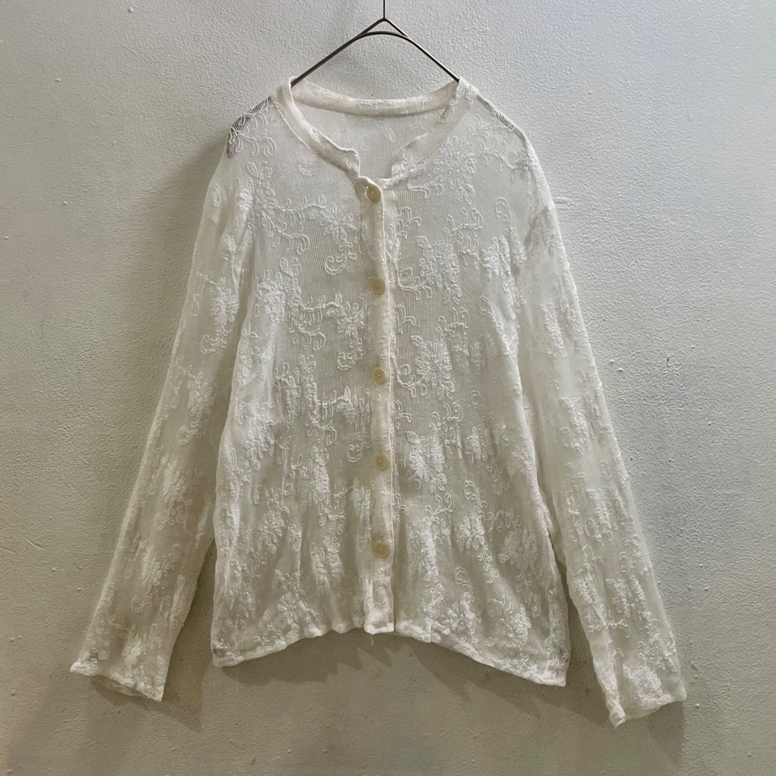 ヨーロッパ 80s 90s ヴィンテージ 刺繍 シャツ ブラウス レース 長袖 Europe Vintage 白 I53