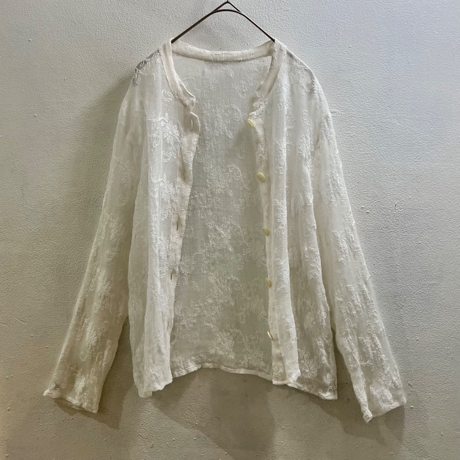 ヨーロッパ 80s 90s ヴィンテージ 刺繍 シャツ ブラウス レース 長袖 Europe Vintage 白 I53