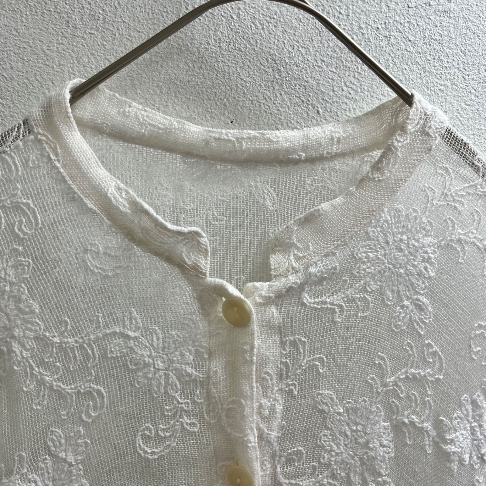 ヨーロッパ 80s 90s ヴィンテージ 刺繍 シャツ ブラウス レース 長袖 Europe Vintage 白 I53