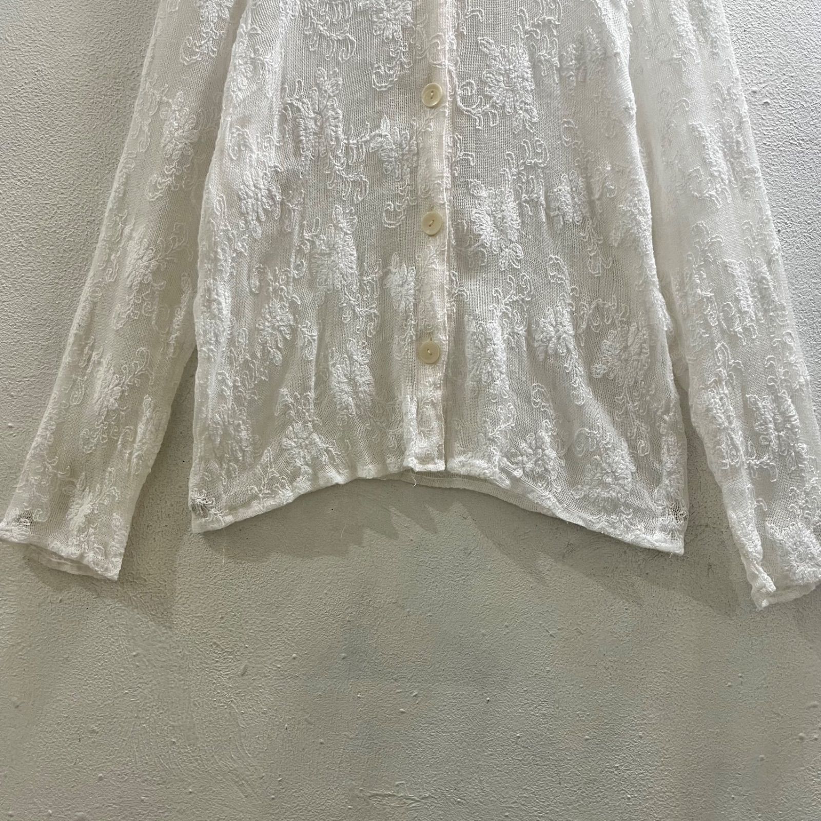 ヨーロッパ 80s 90s ヴィンテージ 刺繍 シャツ ブラウス レース 長袖 Europe Vintage 白 I53