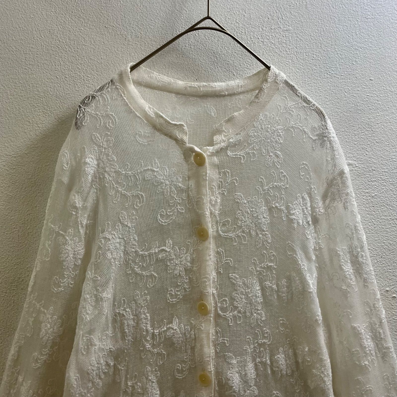 ヨーロッパ 80s 90s ヴィンテージ 刺繍 シャツ ブラウス レース 長袖 Europe Vintage 白 I53