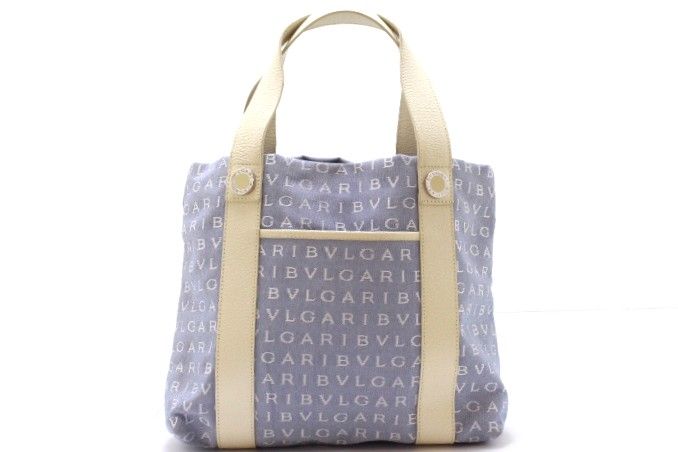 BVLGARI ブルガリ バッグ ロゴマニア トートバッグ ライトブルー/アイボリー キャンバス/レサ ﾊﾞｯｸﾞ トートバッグ キャンバス/レザー ライトブルー/アイボリー ユニセックス【中古】