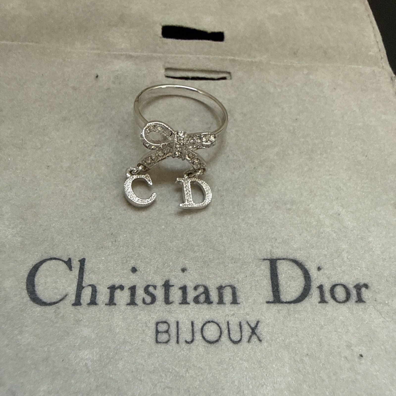 Christian Dior クリスチャンディオール　ラインストーン付きCDロゴリボンモチーフリング　#12 シルバーカラー　ビンテージ