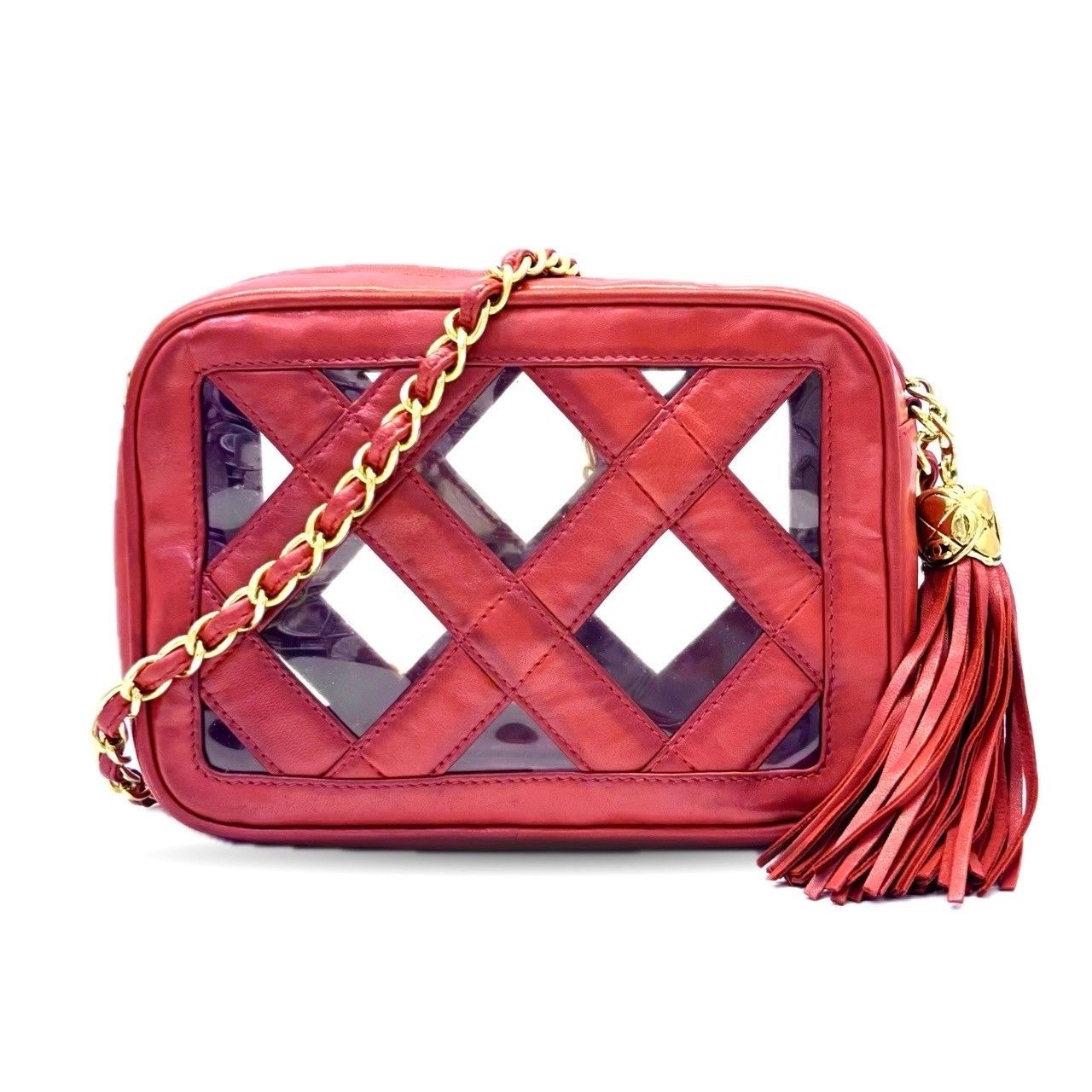 シャネル チェーンショルダー バッグ ラムスキン レッド ゴールド金具 タッセル ヴィンテージ 1番台 CHANEL Bランク 中古