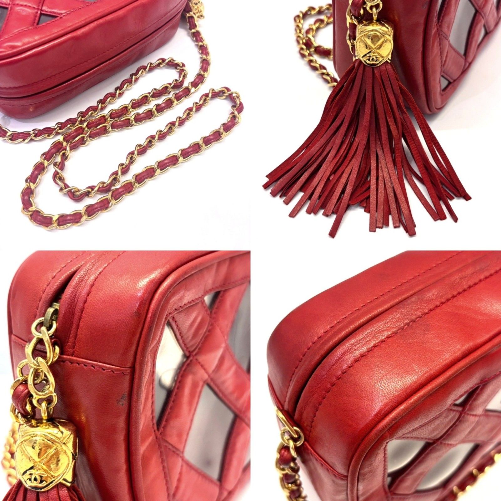 シャネル チェーンショルダー バッグ ラムスキン レッド ゴールド金具 