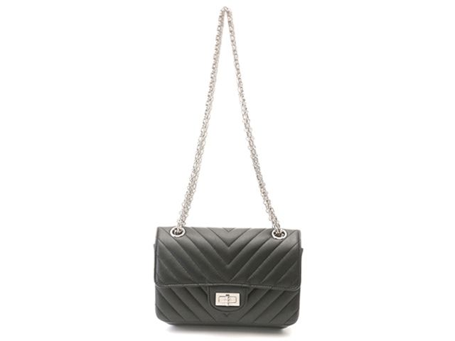 CHANEL シャネル バッグ 2.55 Vステッチ20 ミニチェーンショルダー ブラック/SV ﾊﾞｯｸﾞ ショルダーバッグ カーフ ブラック/SV ブラック レディース【中古】
