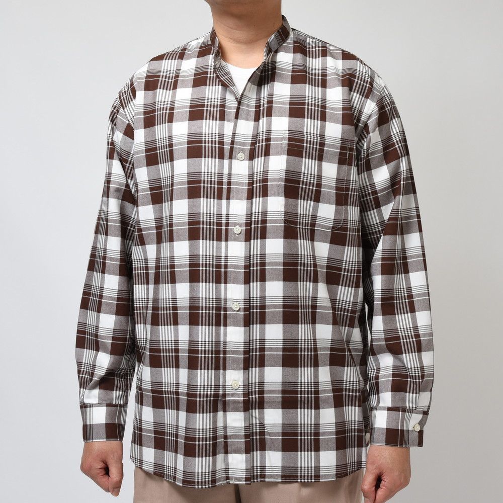 【40%OFF】Mサイズ moncao(モンサオ) レーヨンナイロンタータンチェックバンドカラーシャツ M021315 11031400172 ホワイト×ブラウン 新品