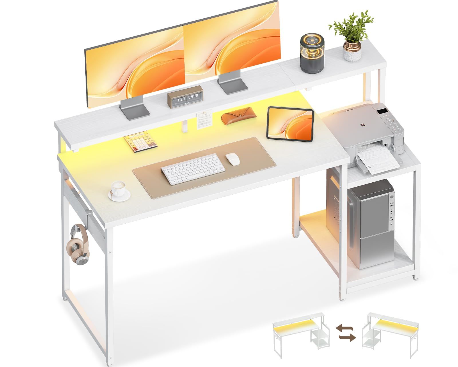 AODK ゲーミングデスク パソコンデスク LED付き 幅120cm モニター台&棚付き 机 pcデスク フック付き gaming desk ゲーミングテーブル ゲームデスク 左右入れ替え対応 ホワイトｍａ