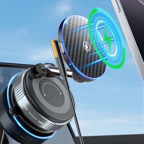 PlusAcc スマホホルダー 車 MagSafe充電 車載スマホホルダー 15W急速充電【真空吸盤 & 強力 マグネット】360°回転 折りたたみ式真空吸着式車 スマホスタンド 超強力N55磁石搭載 iPhone 16/15/14/13/1 165e0fdf