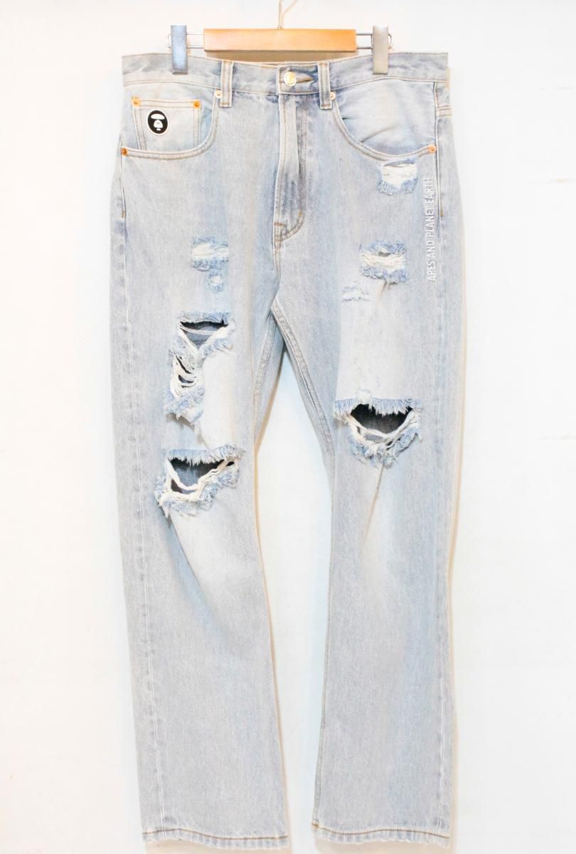 【中古】 A BATHING APE メンズデニムパンツ M AAPE × 9090/デニムパンツ/M/インディゴブルー 藍/ダメージ加工/AAPPTM9600XXJ