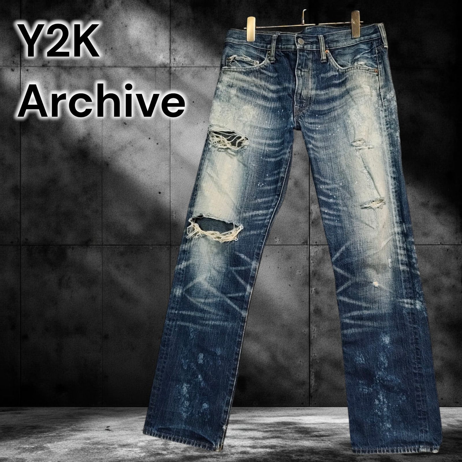 2000s RNA grunge damage paint jeans ダメージ クラッシュ デニム パンツ ジーンズ ペイント 汚し 髭 ハチノス グランジ パンク サイバー ギミック ストリート アメカジ ワーク ヴィンテージ 古着 レトロ Mサイズ相当
