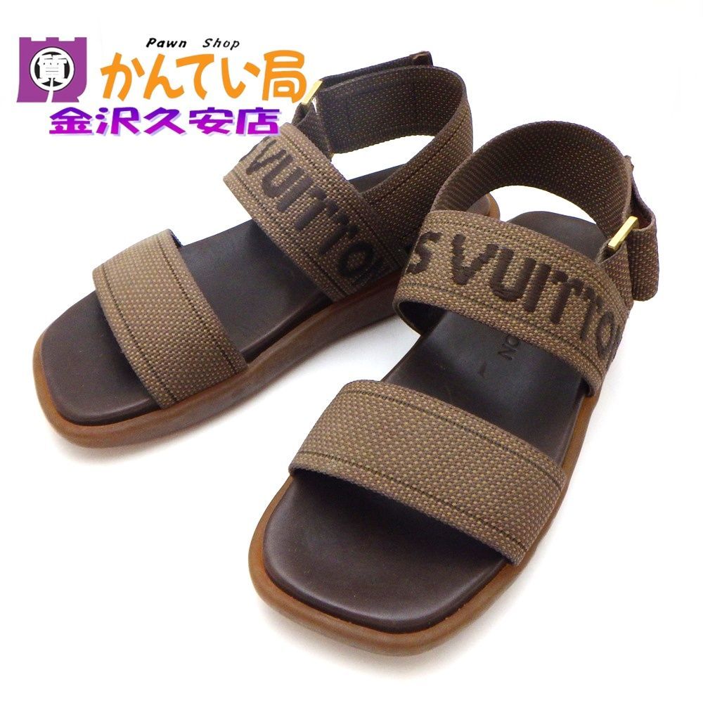 Louis Vuitton サンダル 37 1/2 約24~24.5cm ブラウン ロゴ刺繍 ベルクロ スポサン 男女兼用 A26-1095 久安店